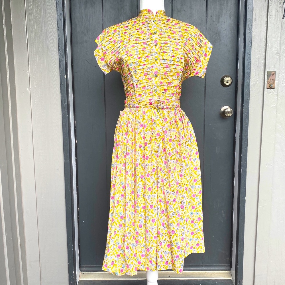 Vintage High Neck Dress with Flower Detail